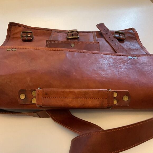 Cognac Leather Briefcase Messinger Bag Satchel Crossbody Laptopcase - Picture 11 of 12